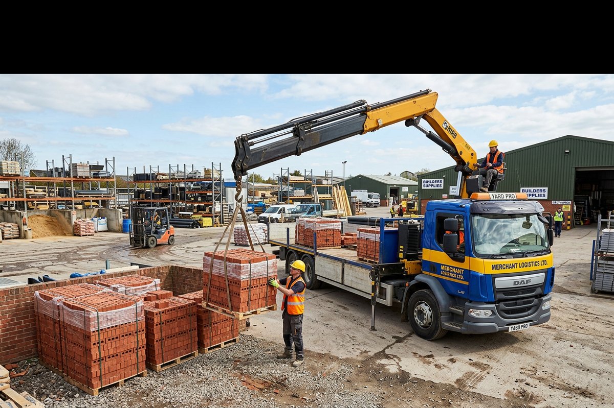 Crane lorry unloading pallets of bricks in a builders merchant yard